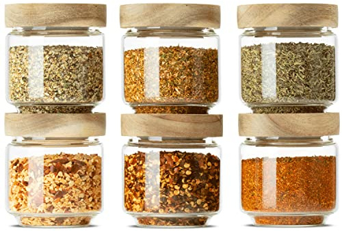 Econovo Gewürzgläser mit Deckel 150ml 6er Set, luftdicht, Akazienholz | Sechs Gewürzgläser aus Borosilikatglas mit Holzdeckel, luftdicht und stapelbar, für Gewürze, Kräuter, Salz und Pfeffer