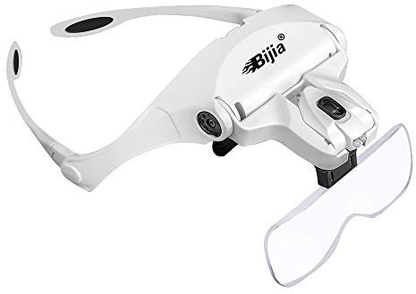 BIJIA Lupenbrille mit 2 LED Licht Hände Frei Kopfband Lupen Standlupe für Hobby, Lesen, Elektriker, Juweliere, Nähen, Reparatur, und ältere Menschen,5 Wechselobjektive(1.0X bis 3.5X)