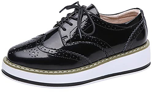 ANUFER Mujer con Cordones Brogues Zapatos Deportivos Casual Plataforma Creepers Negro Charol SN02887 EU38