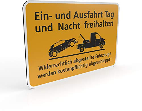 Betriebsausstattung24 Hinweisschild Ein- und Ausfahrt Tag und Nacht freihalten - Abschleppsymbol - 2mm, Gelb - Aluminium Verbundplatte