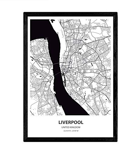 Nacnic Poster mappa di Liverpool - Stati Uniti d'America. Fogli città degli Stati Uniti con i mari e fiumi, in colore nero. formato A4