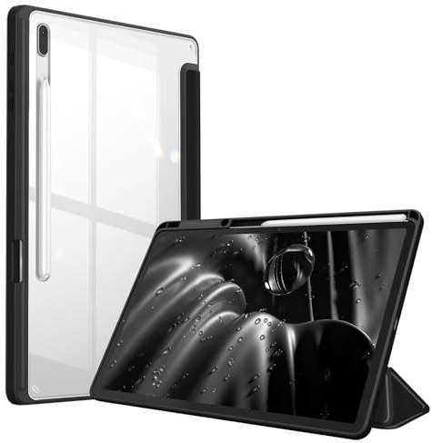 Fintie Hybrid Hülle für Samsung Galaxy Tab S8 Plus/S7 FE/S7 Plus 12,4 Zoll | Stoßfeste Abdeckung mit Transparent Klar Hartschalen Rückseite Schutzhülle, Schwarz