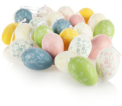 com-four® 24x Ciondoli Decorativi per Pasqua - Uova in Plastica da Appendere - Decorazioni per Albero Pasquale - Vivaci e Floreali (24 Pezzi - Colorati con Fiori)