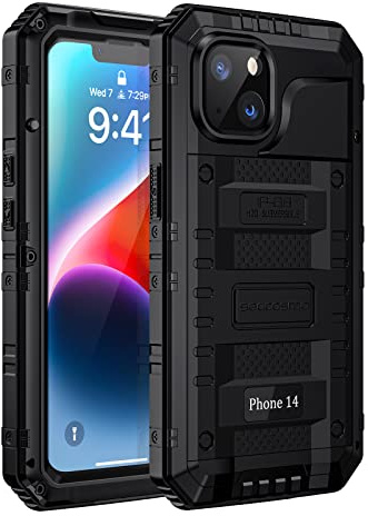 seacosmo iPhone 14 skal, IP68 vattentätt, militärklass stötsäkert mobilskal med inbyggt skärmskydd och kameraskydd, 360° fullt skydd metallskal för iPhone 14, svart
