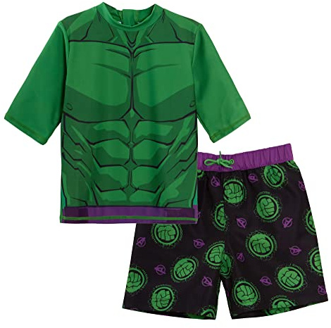 Marvel Otroliga Hulk-badshorts + racerväst, 2-delat badset, surftopp boardshorts, Grön, 5-6 År