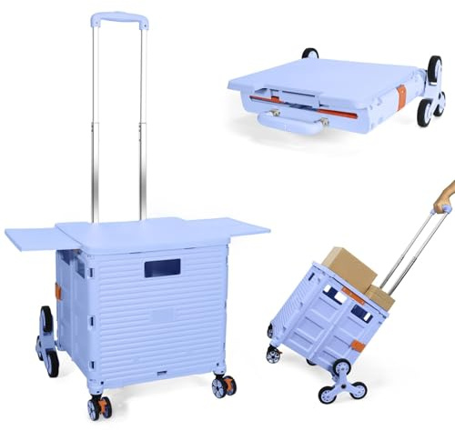 Hopfällbar Shoppingvagn, Kollapsbar Portabel Transportsläde med Trappklättringshjul, Kompakt Bärkasse med Magnetiskt Lock, Rullande Låda med Teleskophandtag, Kraftig med Kapacitet på 80 kg -Blå