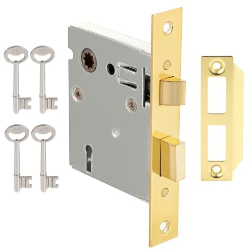 Toptotoo Mortise Lock Set Interior Door, Old Door Lock Replacement Parts, Antique Vintage Door Lock Hardware, Skeleton Keys and Reversible Latch, Mortise Lock Kit, Polished Brass Finish