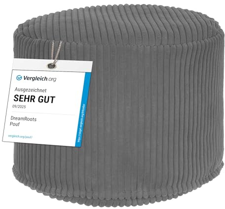 DreamRoots Cord Pouf Hocker rund 50x50x35 cm, Frost Gray | Runder Bodenstuhl, Sitzkissen Boden, 380 g/m², für Wohnzimmer, Schlafzimmer & Homeoffice, waschbar, Fußhocker
