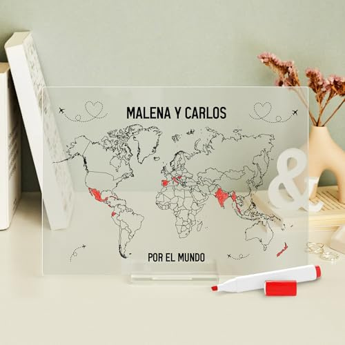 Transparent Gift Placa Personalizada Viajeros con Textos. Regalo Boda. Regalo de Cumpleaños Original. Regalos Personalizados Pareja y Familia. Placa de Metacrilato con Rotulador para Marcar los Países