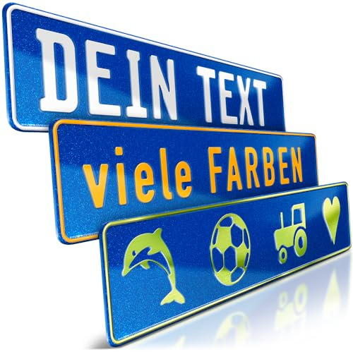 1 Fun-Schild geprägt | Blau Glitter mit Wunschtext bis zu 16 Zeichen | Individuelles Fun-Kennzeichen aus Aluminium | Namensschild | Auto-Kennzeichen | Optional Löcher & Saugnäpfe