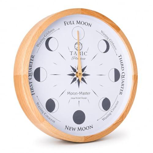 Tabic Moon Phase Master Wall Clock - Round, Wood, Traditional with a Touch of Modern, Natural Dye, Mechanical/Mechanical, Wall Mountable, Medium to Large