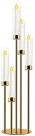 simprefine Goldfarbener Kandelaber mit Glaszylindern für echte Kerzen, 5-armig, Metall-Kerzenhalter, Hochzeit, Event, Party, Heimdekoration, Tafelaufsatz (1, M), 5-arms-candelabra