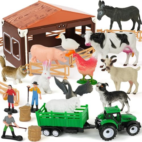 HOTUT Bauernhof Tierfiguren Spielzeug,19 Stück Bauernhoftiere Set-11 Tierfiguren,3 Figuren,Futterbeutel Heuhaufen,Bauernkarren,Zäune,Bauernhof,Lernspielzeug Set für Kinder ab 3 Jahren