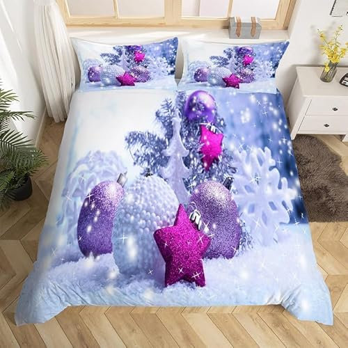 Tizhweqo Bettwäsche 135x200 Weihnachten Bettwäsche-Sets Winter Weiche Mikrofaser 3D Druck Schneeflocke Bettbezug Set 3 Teilig Bettbezüge mit Reißverschluss und 2 Kissenbezug 80x80 cm A3469