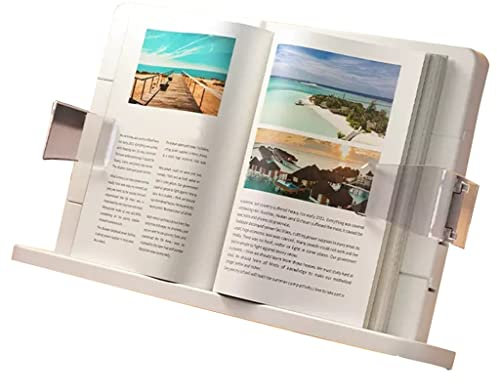 KARFRI Buchständerhalter, weiß, groß, tragbar, verstellbar, zum Lesen, Lehrbuch, Rezeptständer mit Büroklammern, für Zuhause, Büro, Laptop, Kochbuch, Desktop, Dokumente, Tablets (/weiß)