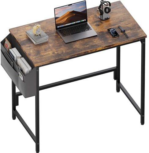 HLONONE Schreibtisch, Computertisch Kleiner Tisch, 80 x 40 x 74 cm, Bürotisch mit Aufbewahrungstasche, PC Tisch für Büro, Arbeitszimmer, Schlafzimmer, Metallgestell, Moderner Einfacher, Vintagebraun