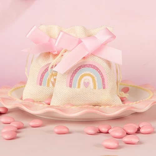 BETESSIN 20 Stück Kleine Jutesäckchen 8x10cm - Boho-Regenbogen Säckchen zum befüllen - Stoffbeutel mit Kordelzug - Geschenksäckchen für Babypaty, Geburtstag, Ostern, Gastgeschenk Kinderparty uvm.