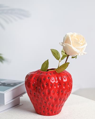 DN DECONATION Erdbeer Vase Deko Rot Keramik Blumenvase Strawberry Decor | Modern Erdbeervase Tischdeko Aesthetic Vase für Pampasgras Wohnzimmer Heimdekoration