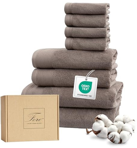 Ferò Set Asciugamani Bagno Cotone Di Lusso 8 Pezzi, OEKO-TEX, 100% Cotone Premium, 550 g/m², Ultra Morbido, Design Italiano, 2 Teli Bagno 70x140, 2 Asciugamani Viso 50x100, 4 Lavette 30x30, Tortora