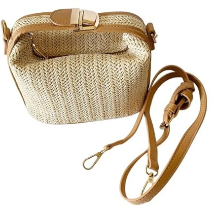 MZPOZB Korbtaschen Damen Stroh Sommer Strandtasche Weben Stroh Frauen Handtaschen Kleine Umhängetasche for Frauen Eimer Tasche Schloss Griff Umhängetaschen Handtaschen