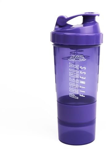 Phoenix Fitness Protein Shaker Bottle with Storage Compartments - 500ml Leakproof BPA Free Easy Clean Bottle for Powder Shakes, Supplements, Vitamins & Snacks - Purple
