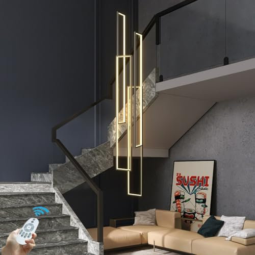 CNMKLM LED Dimmbare Pendelleuchte Moderner Rechteckiger Pendellampe Hohe Decken Hängeleuchte Schwarz Große Lange Treppenhaus Hängelampe Deckenleuchte For Foyer Schlafzimmer Küche Wohnzimmer(4 heads)