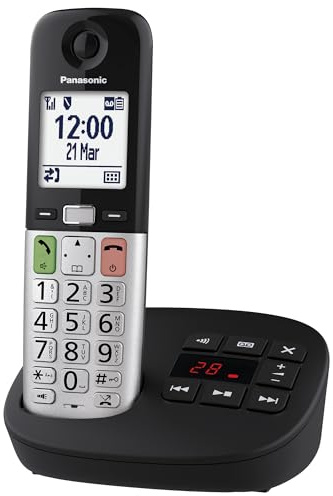 Panasonic KX-TGU430EXB Teléfono Inalámbrico Digital con Contestador Automático, Volumen Amplificado, Unidad Base y 1 Auricular, Pantalla LCD, Linterna, Compatible con Audífonos, Negro y Plateado