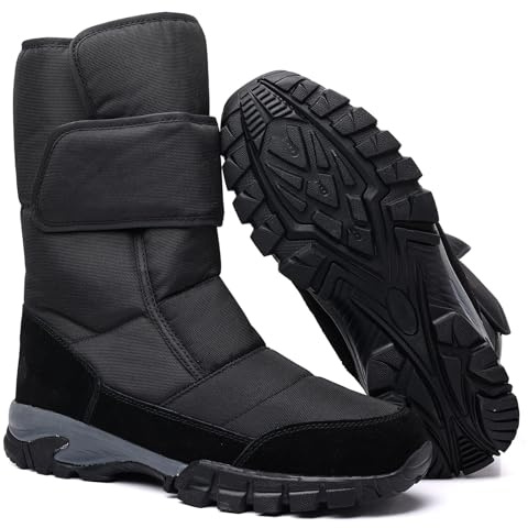 DADAWEN Men's Snow Boots Anti-Slip Waterproof Outdoor Shoes Warm Fur Lined Mid-Calf Winter Snow Boots Black US Size 12