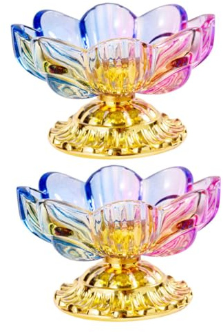 OFFSCH 2pcs Colorful Glass Lotus Shaped Fruit Serving Plates Decorative Snack Bowls for Home Buddhist Offering Table Kitchen Dessert Candy Storage