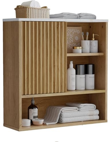 FerniTry Bathroom Cabinet Wall Mounted Fluted, Modern Medicine Cabinet Over The Toilet Storage Cabinet Faux Marble Top with Adjustable Shelf, Wood Wall Mounted Storage Cabinet Organizer(Oak, Medium)