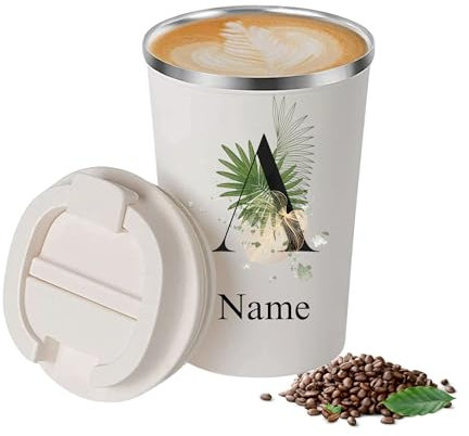 PoStar - Kaffee Thermobecher Personalisiert Kaffeebecher to go Thermo - Thermosbecher Auslaufsicher - Isolierflasche - Isolierbecher mit Ihrem Namen - 350 ml - Beige