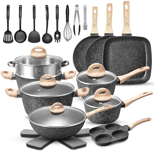 VOTTGO Pots and Pans Set Non Stick, 31 Piece Cookware Set, Non-toxic Healthy Pots and Pans Set, Black Granite Induction Kitchen Cookware Set with Utensils and Pot Protectors, PFOA PFOS Free