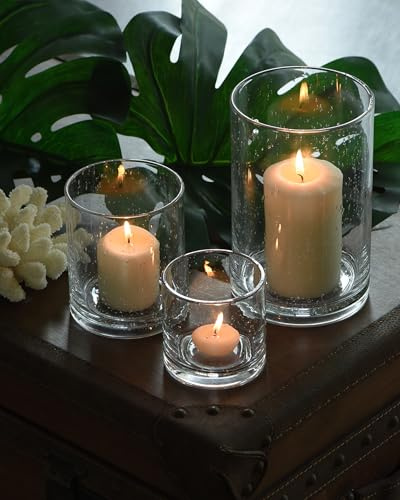 ARIAMOTION Hurricane Glass Candle Holders Set, Pillar Votive,Clear Seeded Bubbles Cylinder Vase,Modern Rustic Table Centerpieces Bulk, 3 Sizes 8 Inch 5 Inch 3.5 Inch Height