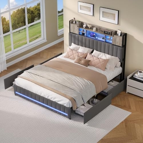 BLSYHDH - Polsterbett 140 x 200 cm mit LED, gepolstertes Bett mit 4 Schubladen, doppelter USB-Ladeanschluss am Kopfteil mit Bettkasten für 2 Personen LED (Grau+Lin-A, 140 x 200)
