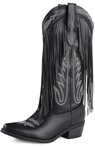 FancyQueen Cowboy Boots for Women Mid Calf Embroidered Cowgirl Boots Western Chunky Heel Pointed Toe country boots for women Pull On