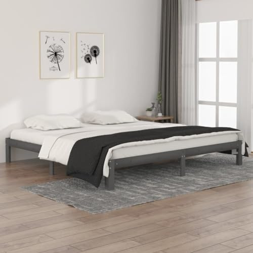 Qnhdfrt Massivholzbett Grau Kiefer 200x200 cm Modernes Design mit Stabilen Sperrholzlatten und Rustikaler Optik für Schlafzimmer Gästebett oder Familienbett