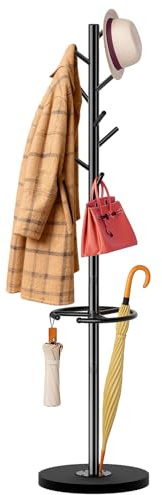 MISSLO Coat Rack with Umbrella Stand, Freestanding Coat Stand Hanger with Wood Base Fits Entryway, Hallway, Living Room, Bedroom, Clothes Tree Holder with 8 Hooks for Jackets, Hats, Bags, Black