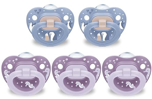 NUK First Choice Orthodontic Pacifier, 6-18 Months, 5-Pack, Purple & Blue | Unique Orthodontic Nipple, 96% Baby Acceptance, Heart-Shaped Shield, BPA-Free, Dishwasher Safe