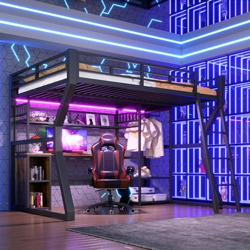 BTM Gaming Hochbett mit Schreibtisch und LED-Lichtleiste Hochbett Jugendliche 140x200 mit Stauraum, Steckdose, Schwarz