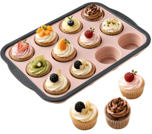 12 Cup Silicone Muffin Tray with Metal Frame, Non-Stick Cupcake Baking Tin | Heat Resistant Yorkshire Pudding Tray, Food Grade Silicone Moulds for Home Kitchen Baking, Pink