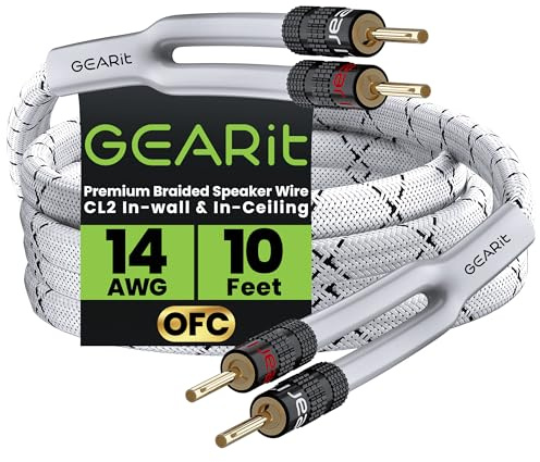 GEARit Hochwertiges, robustes, geflochtenes Lautsprecherkabel (14 AWG), mit doppelt vergoldeten Bananensteckerspitzen, sauerstofffreie Kupferkonstruktion (OFC), Weiß