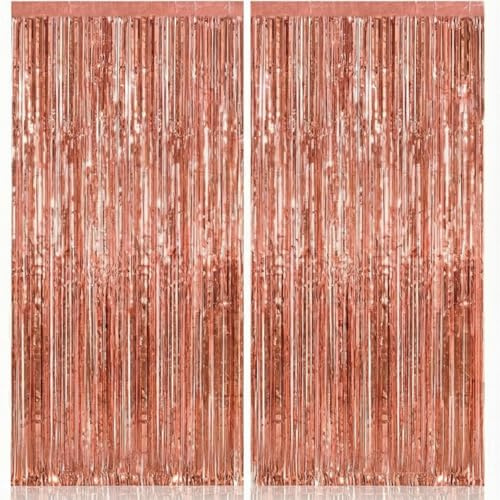 KatchOn, Rose Gold Fringe Curtain - XtraLarge 3.2x8 Feet, Pack of 2 | Rosegold Backdrop for Anniversary, Wedding, Bachelorette Party Decorations | Fringe Backdrop for Sweet 16 Birthday Decorations