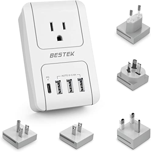 BESTEK Travel Adapter PD 35W, Universal Power Adapter 1 USB C 3 USB A, International Plug Adaptor Worldwide Outlet for US to European UK Spain - for Laptop, Phone, Camera