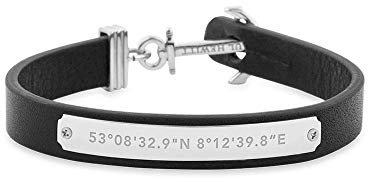 PAUL HEWITT Anker Armband Signum Koordinaten - Armband Leder Damen (Schwarz) mit Anker Schmuck aus Edelstahl (Silber)