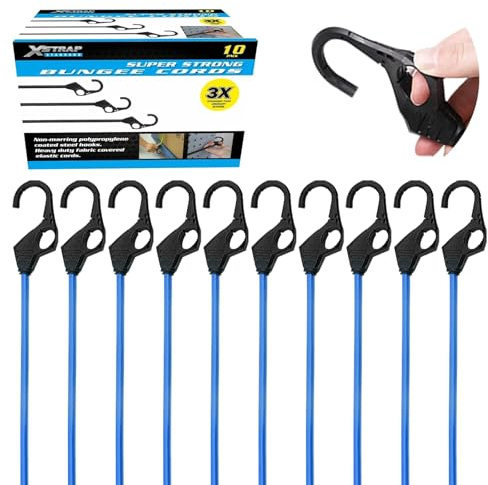 XSTRAP STANDARD Heavy Duty Bungee Cords 10PK Premium Bungee Cords with Finger-Hole Hooks for Camping, Car, Truck, Tents, Luggage Rack, and Cargo (10pcs Blue, 24inch)