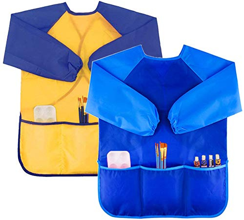 Zkptops 2 Pack Kids Art Smock Colorful Waterproof Children Art Aprons Artist Painting Aprons with Long Sleeve 3 Roomy Pockets for Age 3-7 Years,Yellow and Blue