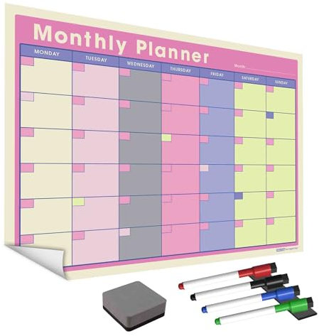 WallTAC A3 Monatsplaner Aufkleber mit Whiteboard-Stiften, hergestellt in Großbritannien, abnehmbarer, trocken abwischbarer Kalender mit wiederverwendbarem Klebstoff, Familienessenplaner oder