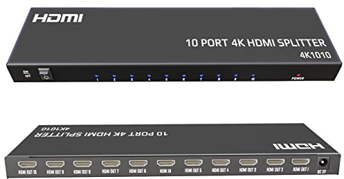 4K HDMI Splitter 1 in 10 Out - Powered Splitters 10 Way Monitor Outputs,Support 4K@30Hz,3D Audio Video Sync,Plug&Play for HDTV PS4/5 Xbox PC Laptop
