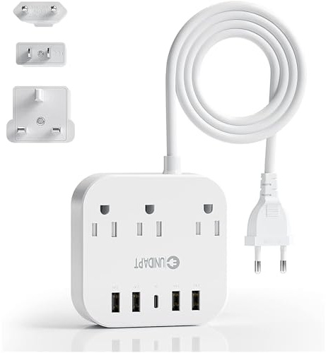 European Plug Adapter, Unidapt US to UK Europe Power Strip for EU/UK/US with USB C and 4 USB Ports, 3 AC Outlets, Wall Mountable, 5ft Extension Cord, for Travel Cruise Ship Home