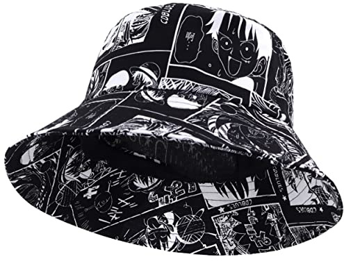Roffatide Anime Bucket Hat Fischerhut mit Graffiti Hip-H Faltbarer Sonnenhut aus Baumwolle für Jungen und Mädchen A